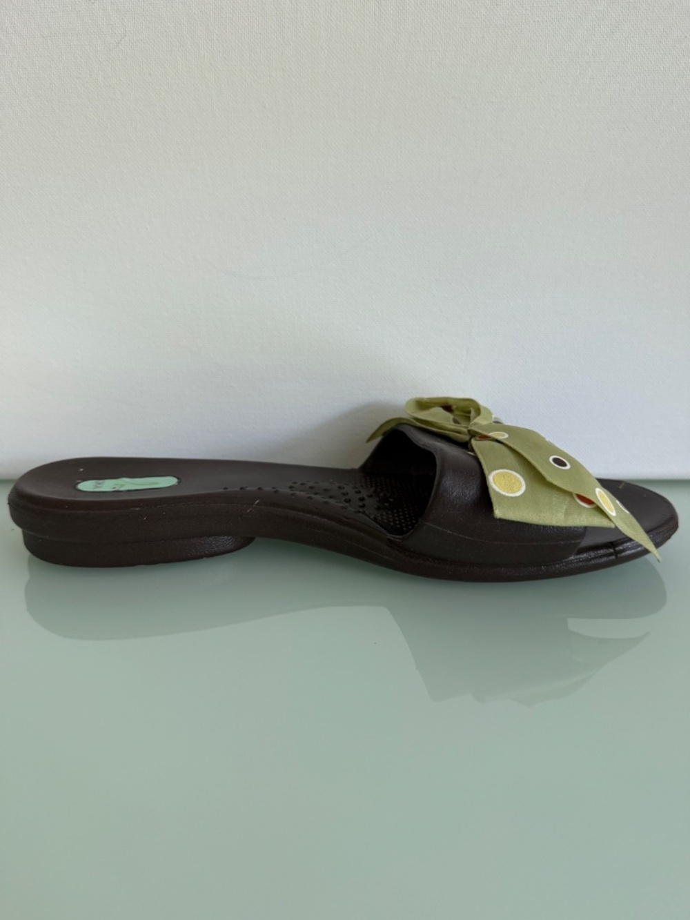 Okabashi Brown Slide Sandals Green Bow Polka Dot Open Toe Slip On Size M - Picture 6 of 14